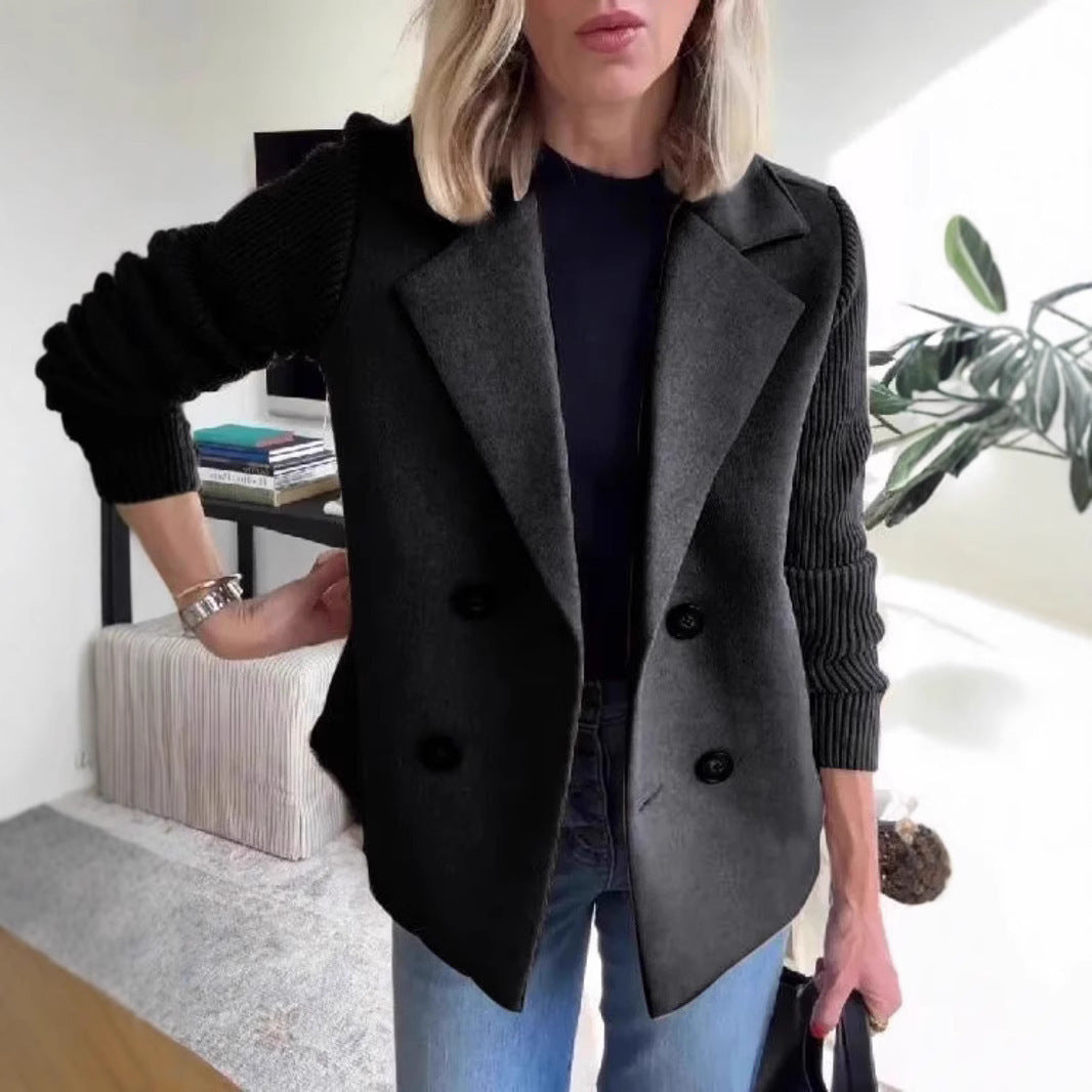 Double Breasted Lapel Jacket Fashion Knitted Sleeves Splicing Design Coat Outerwear Women's Clothing Kamran Fashion