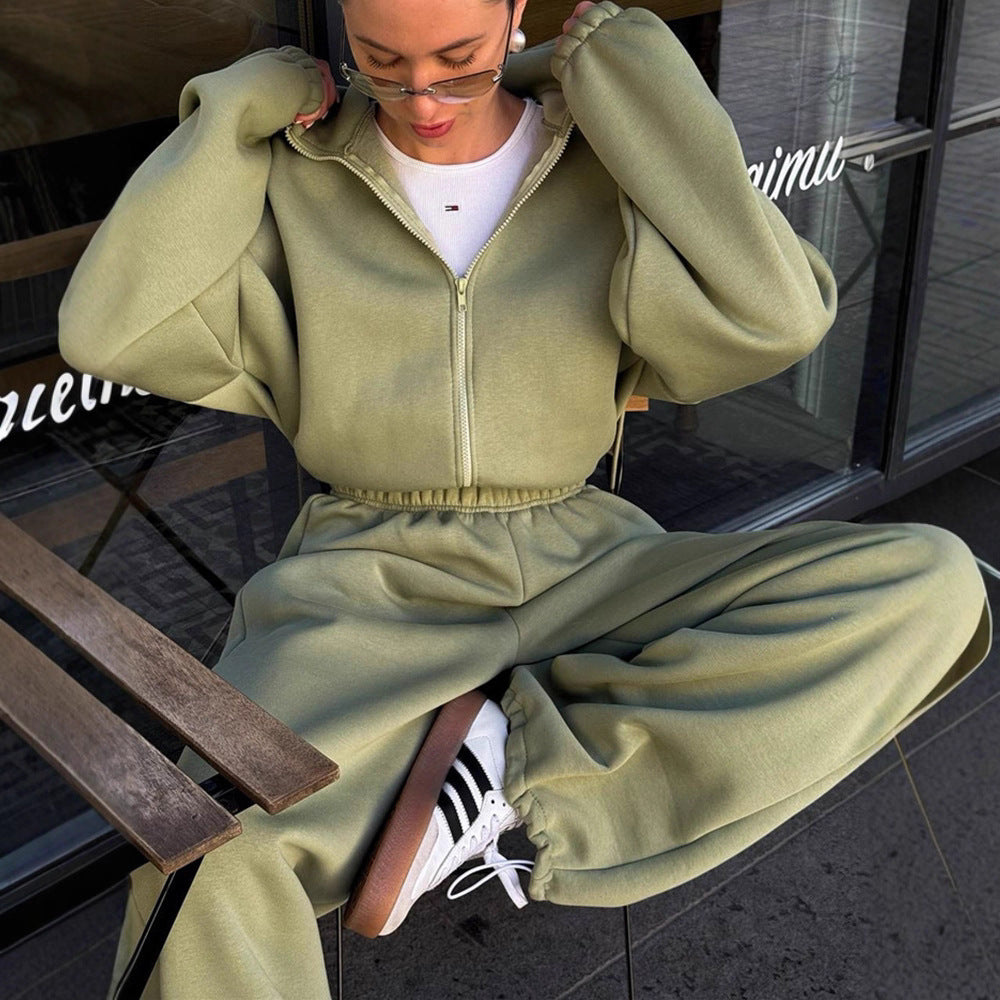 Women's Casual Solid Color Long-sleeved Zipper Sweater Wide-leg Pants Sports Suit Kamran Fashion