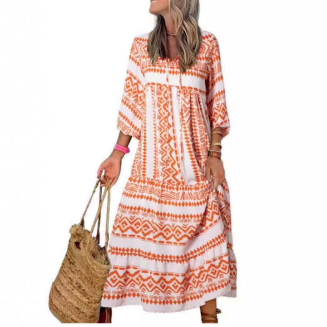 Summer Women's Vintage Printed Bohemian Dress Elegant Ladies Casual Loose V-Neck Short Sleeve Long Dresses Kamran Fashion