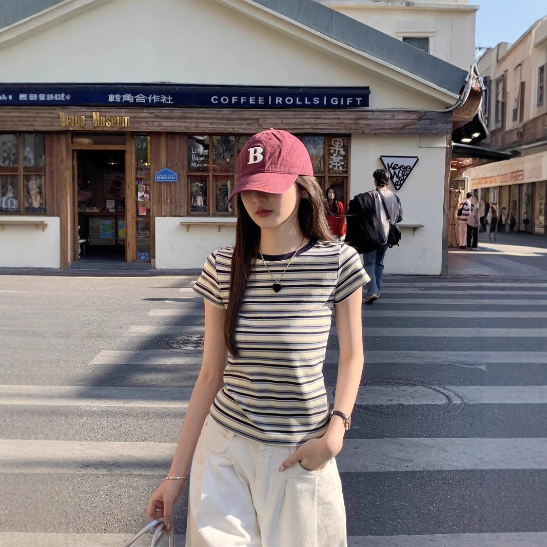 Contrast Color Striped Round Neck Short Sleeve Women's Shoulder Top Kamran Fashion