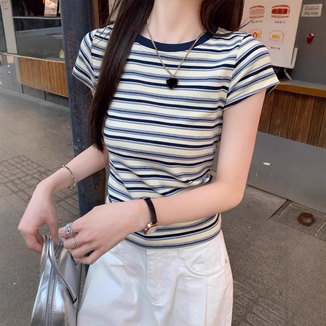 Contrast Color Striped Round Neck Short Sleeve Women's Shoulder Top Kamran Fashion