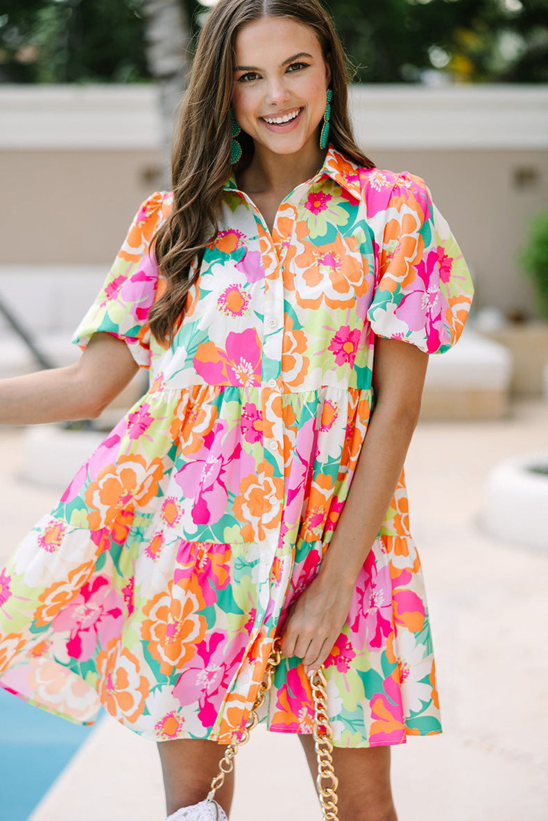 Summer Floral Print Puff Sleeve Dress Kamran Fashion