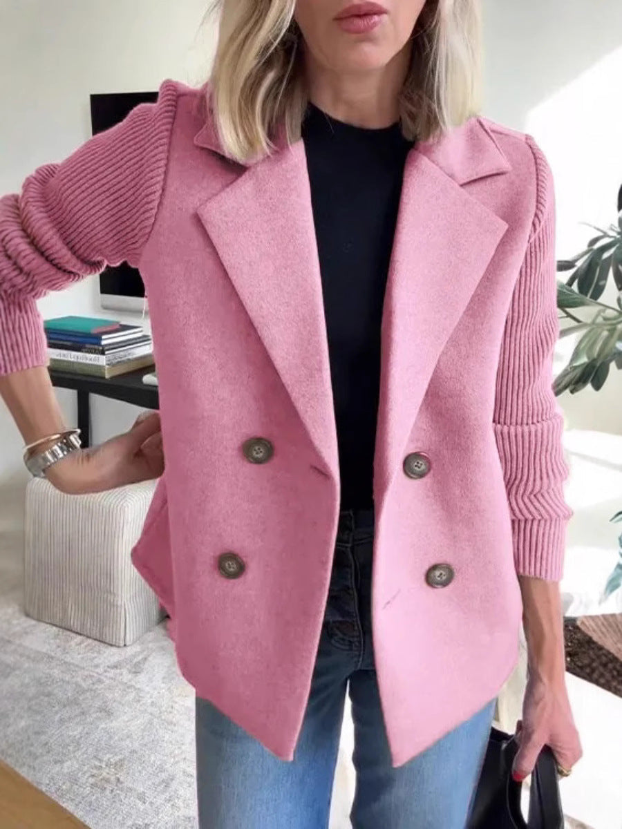 Double Breasted Lapel Jacket Fashion Knitted Sleeves Splicing Design Coat Outerwear Women's Clothing Kamran Fashion
