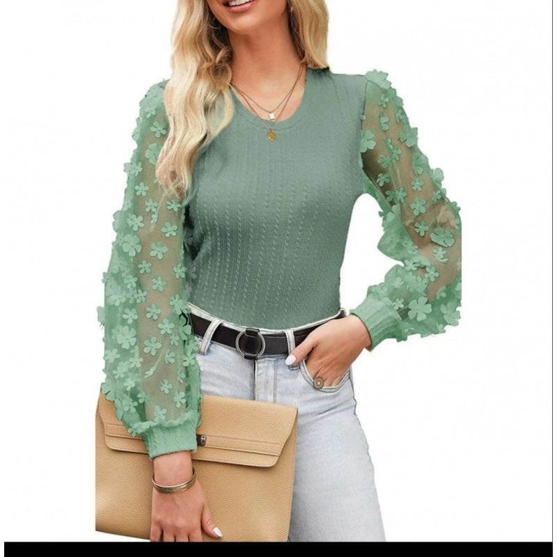 Women's Mesh Small Flower Chiffon Shirt Summer Round Neck Long Sleeve Top Kamran Fashion