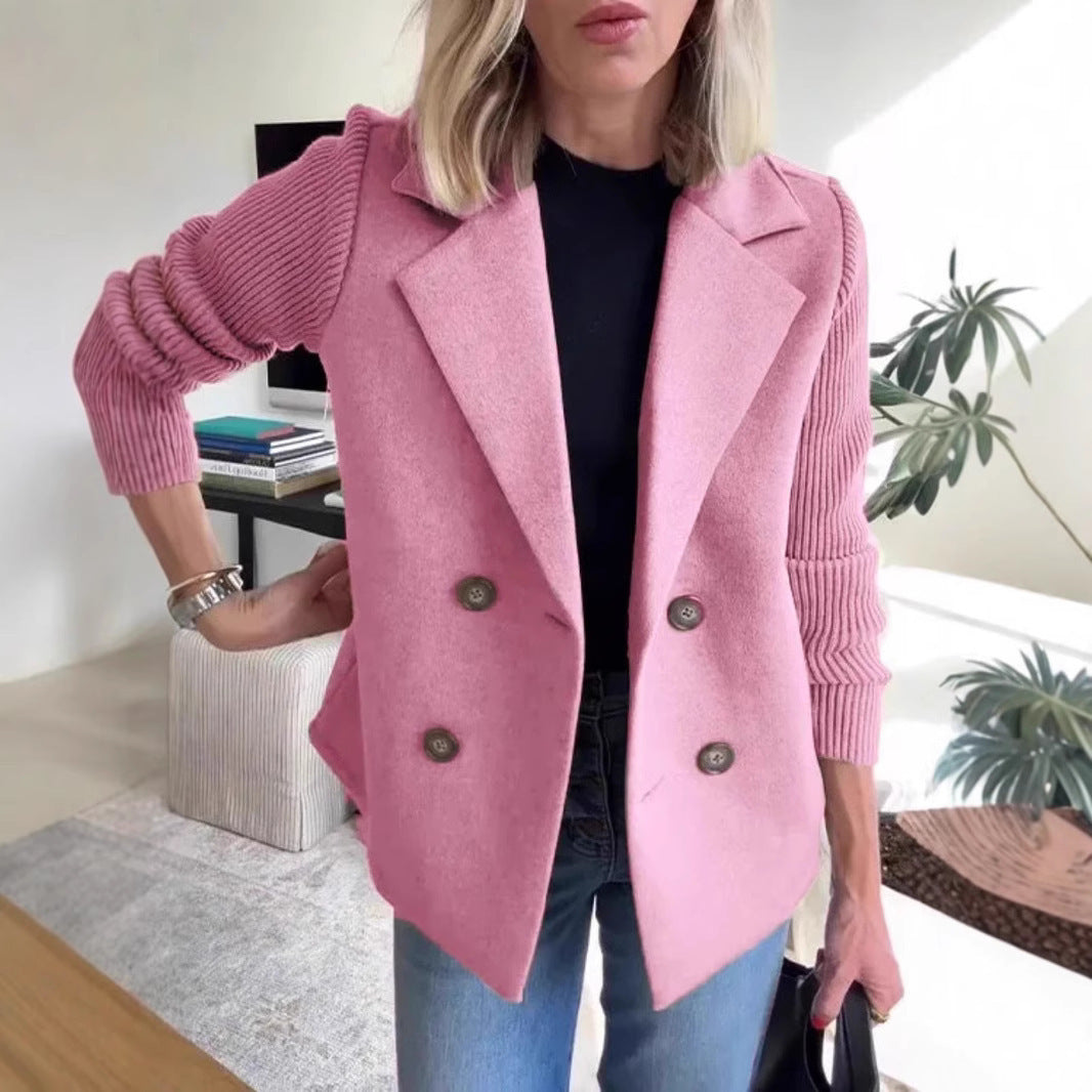 Double Breasted Lapel Jacket Fashion Knitted Sleeves Splicing Design Coat Outerwear Women's Clothing Kamran Fashion