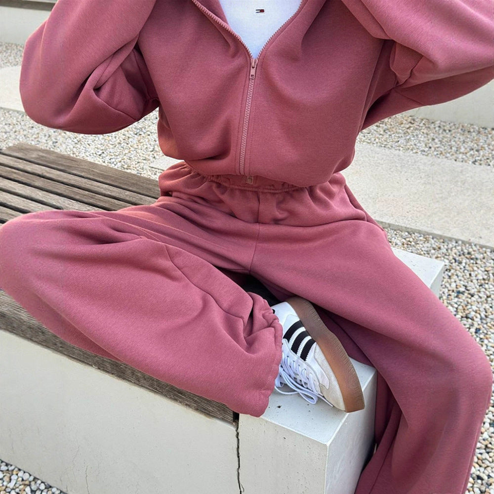 Women's Casual Solid Color Long-sleeved Zipper Sweater Wide-leg Pants Sports Suit Kamran Fashion