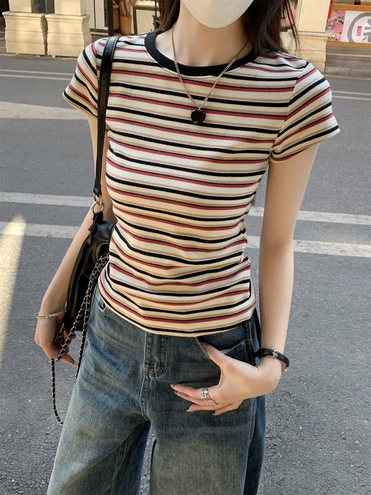 Contrast Color Striped Round Neck Short Sleeve Women's Shoulder Top Kamran Fashion