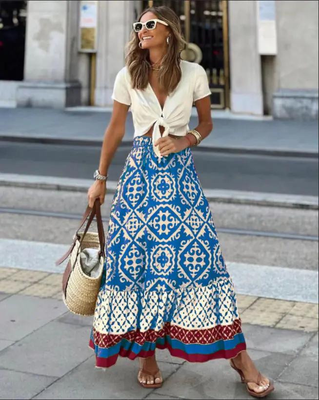 European American Summer New Printed Loose Stitching Large Swing Skirt Kamran Fashion
