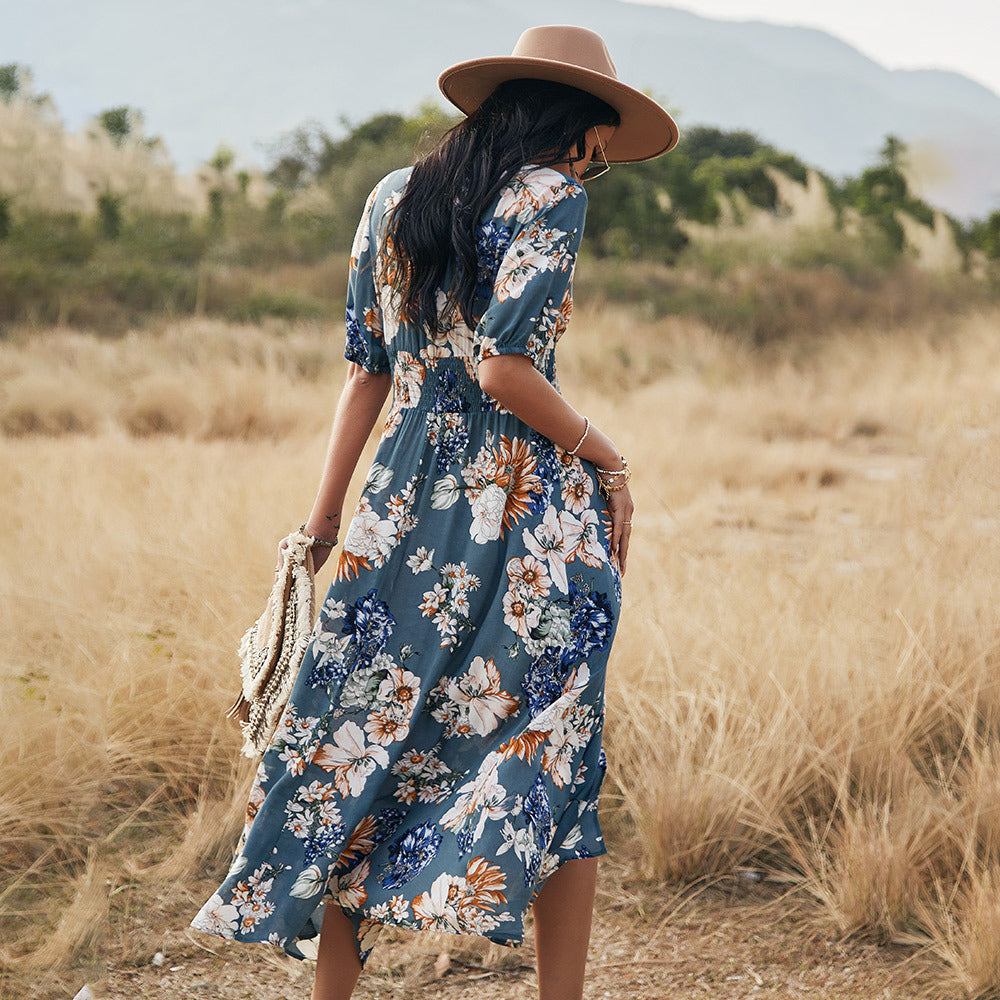 Floral Summer Beach Dress With V Neck Elastic Waist Dresses For Women Kamran Fashion