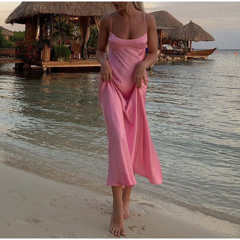 Women Camis Satin Long Dresses Elegant Sleeveless Slip Holiday Party Dresses Sexy Casual Backless Summer Dresses Kamran Fashion