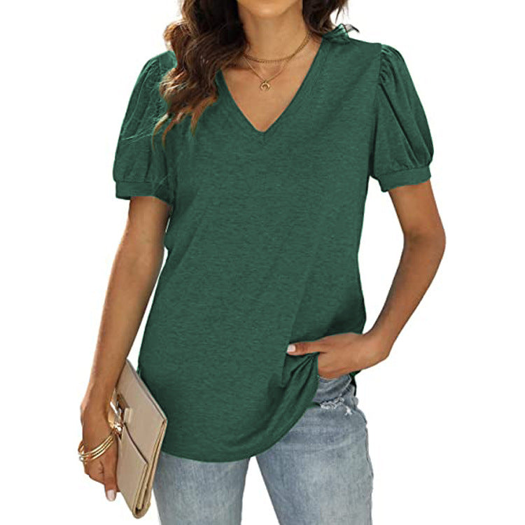 European And American Summer Casual V-neck Solid Color Puff Sleeve Loose T-shirt For Women Kamran Fashion