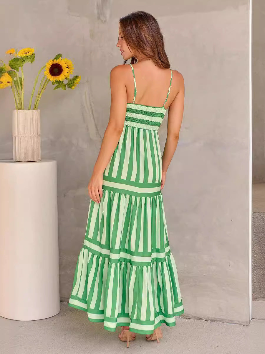 Summer Striped Printed Suspender Long Dress With Pockets Fashion Square Neck Backless Dresses For Beach Vacation Women Clothing Kamran Fashion