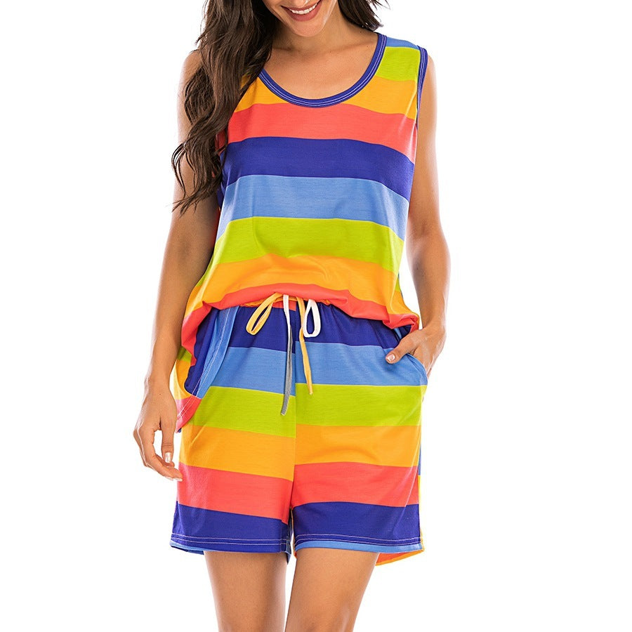 Womens Rainbow Stripes Short Sleeve Pajama Set Night Lounge Top Short Kamran Fashion