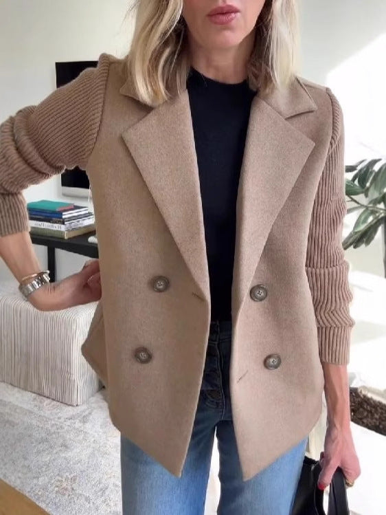 Double Breasted Lapel Jacket Fashion Knitted Sleeves Splicing Design Coat Outerwear Women's Clothing Kamran Fashion