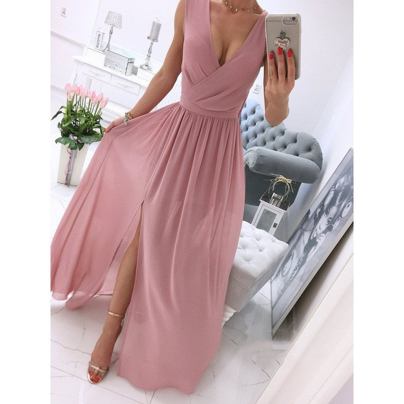 Women's Summer Sleeveless And Ankle Skirt Solid Color V-neck Front Split Long Dress Kamran Fashion