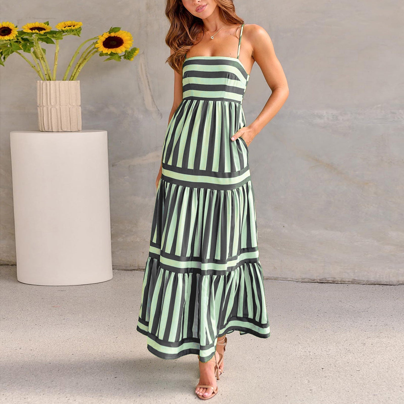 Summer Striped Printed Suspender Long Dress With Pockets Fashion Square Neck Backless Dresses For Beach Vacation Women Clothing Kamran Fashion
