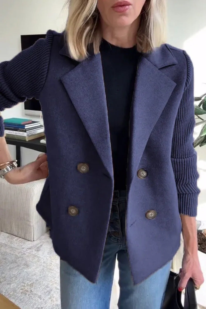 Double Breasted Lapel Jacket Fashion Knitted Sleeves Splicing Design Coat Outerwear Women's Clothing Kamran Fashion