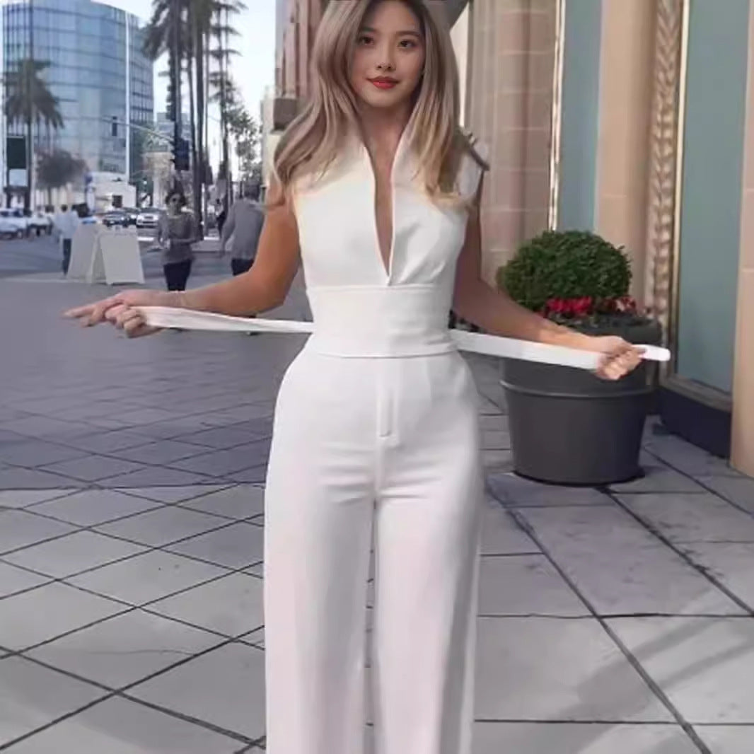 Solid Color Low Neck Sleeveless Tight Jumpsuit Kamran Fashion