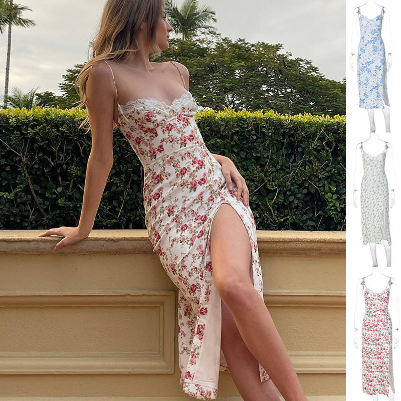 Lace Flowers Print Long Dress Sexy Fashion Slit Suspender Dress Summer Womens Clothing Kamran Fashion