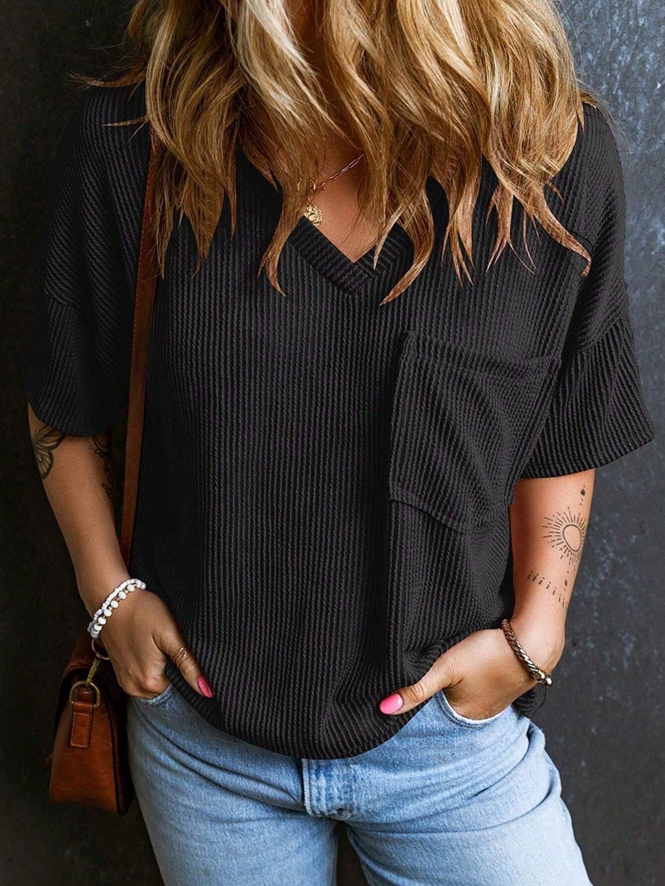 Fashionable Two-tone Pullover Short Sleeve V-neck Top For Women Kamran Fashion