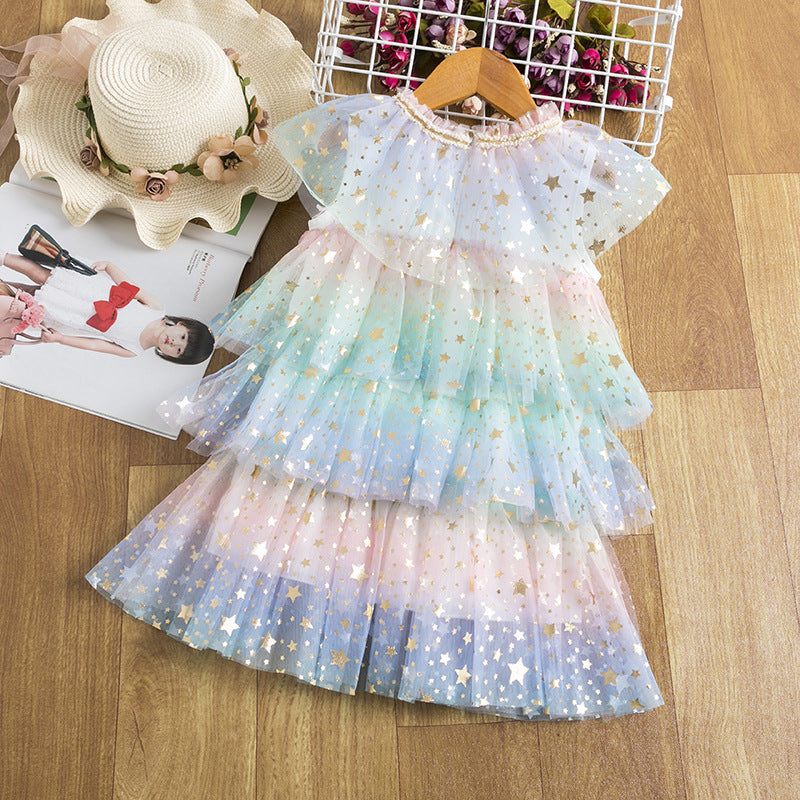 Girls Summer Rainbow Star Net Yarn Kids Princess Cake Dress Kamran Fashion