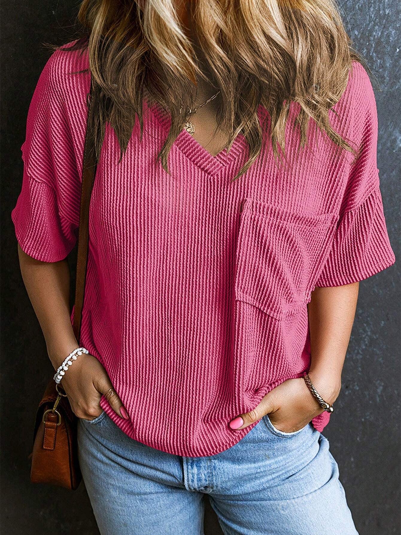Fashionable Two-tone Pullover Short Sleeve V-neck Top For Women Kamran Fashion