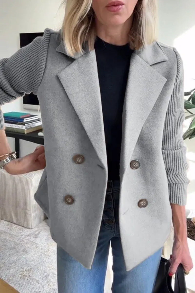 Double Breasted Lapel Jacket Fashion Knitted Sleeves Splicing Design Coat Outerwear Women's Clothing Kamran Fashion
