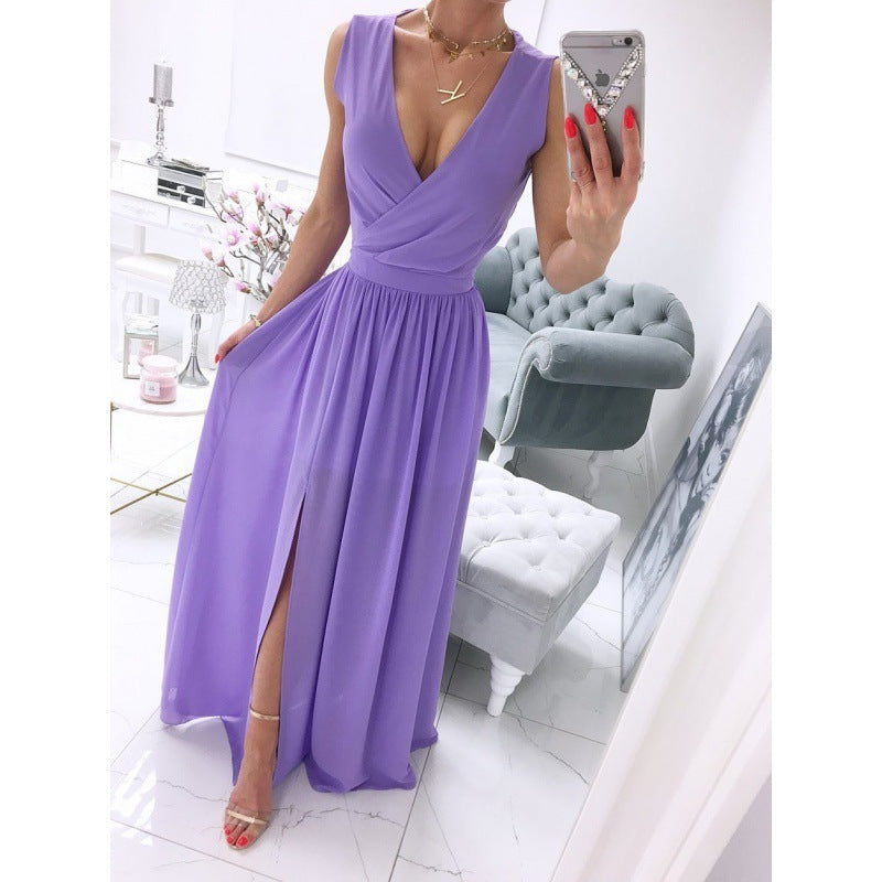 Women's Summer Sleeveless And Ankle Skirt Solid Color V-neck Front Split Long Dress Kamran Fashion