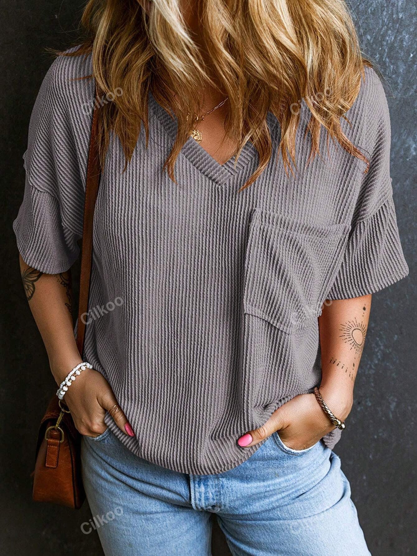 Fashionable Two-tone Pullover Short Sleeve V-neck Top For Women Kamran Fashion