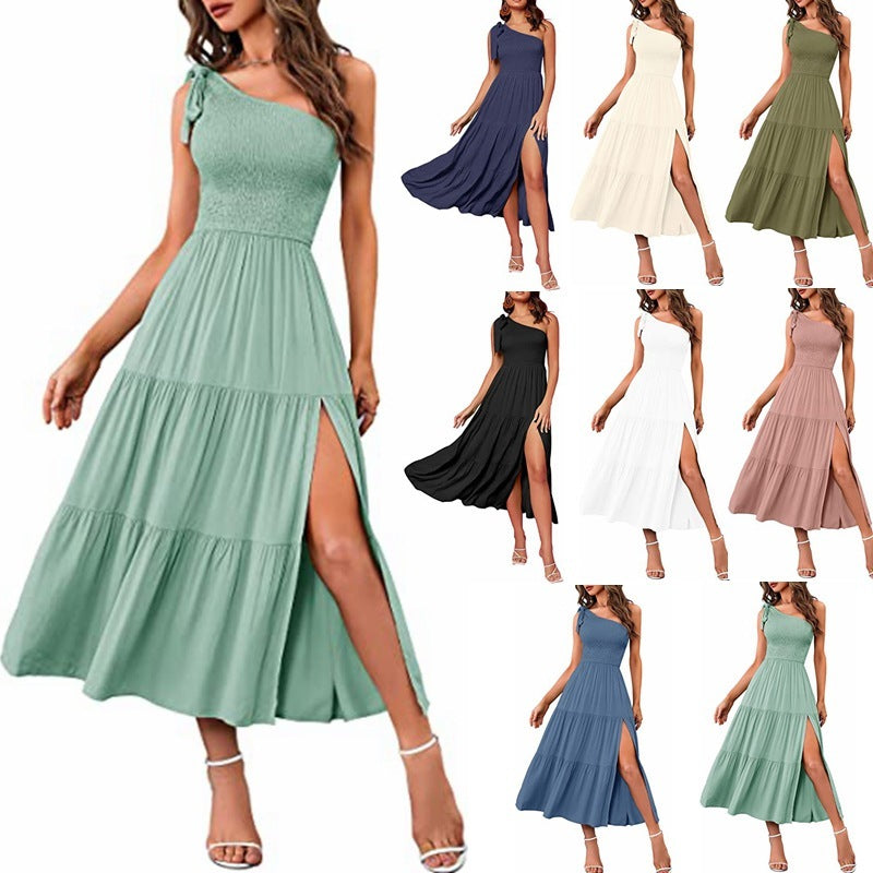New Summer Fashion Women's One-shoulder Pleated Layered Hem Split Dress Kamran Fashion