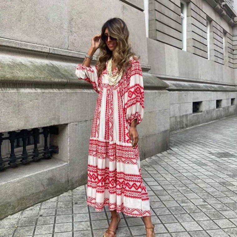Summer Women's Vintage Printed Bohemian Dress Elegant Ladies Casual Loose V-Neck Short Sleeve Long Dresses Kamran Fashion