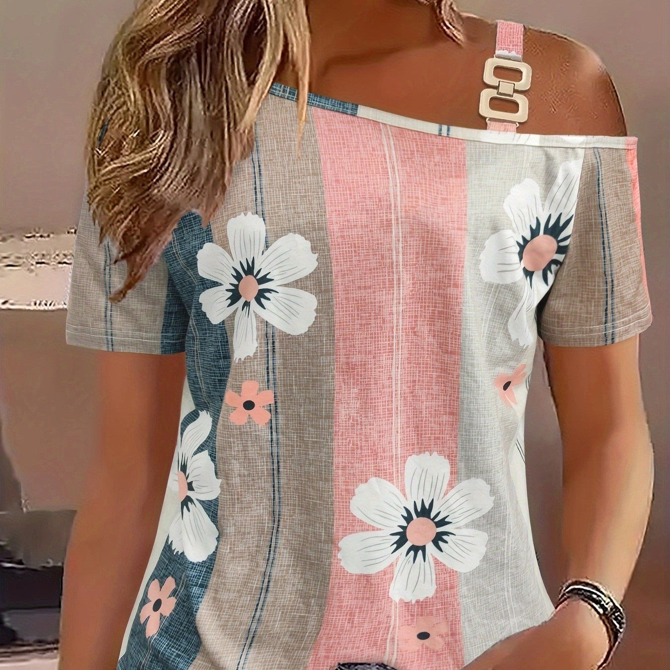 Shoulder-baring Flower Print Button Knitted Short-sleeved T-shirt Kamran Fashion