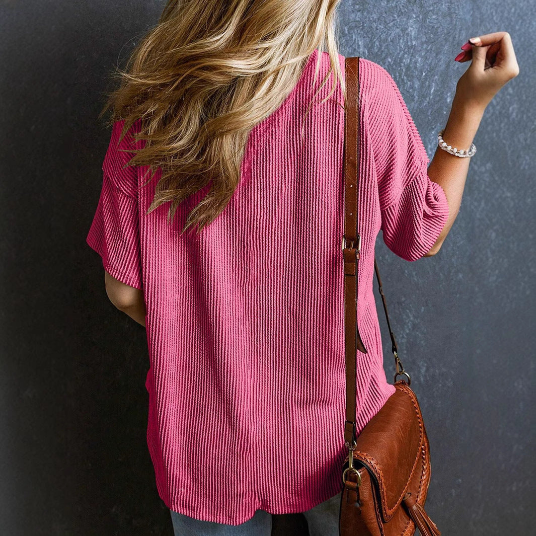 Fashionable Two-tone Pullover Short Sleeve V-neck Top For Women Kamran Fashion