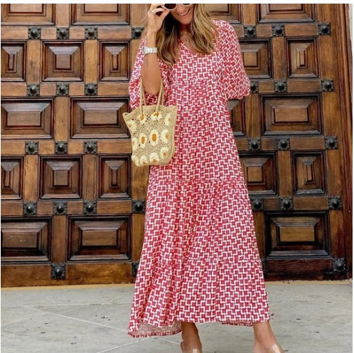 Summer Women's Vintage Printed Bohemian Dress Elegant Ladies Casual Loose V-Neck Short Sleeve Long Dresses Kamran Fashion