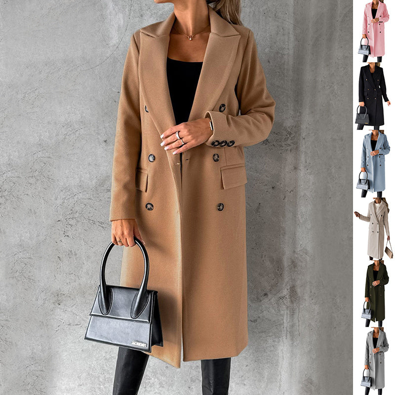 Double Breasted Lapel Coat Winter Fashion Solid Slim Long Jacket Long Sleeve Tops Womens Clothing Kamran Fashion