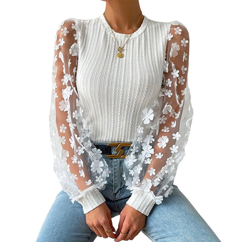 Women's Mesh Small Flower Chiffon Shirt Summer Round Neck Long Sleeve Top Kamran Fashion