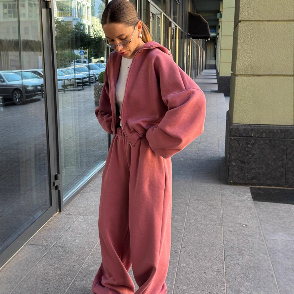 Women's Casual Solid Color Long-sleeved Zipper Sweater Wide-leg Pants Sports Suit Kamran Fashion