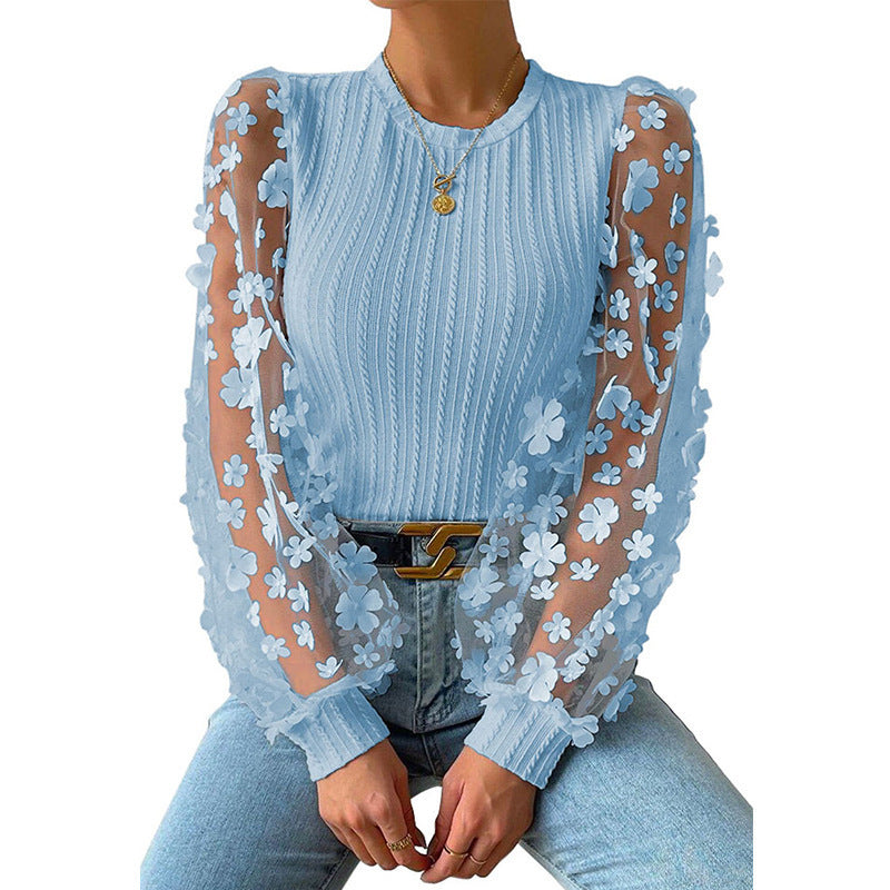 Women's Mesh Small Flower Chiffon Shirt Summer Round Neck Long Sleeve Top Kamran Fashion