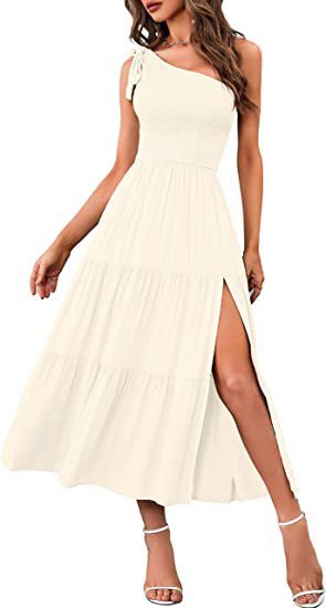 New Summer Fashion Women's One-shoulder Pleated Layered Hem Split Dress Kamran Fashion
