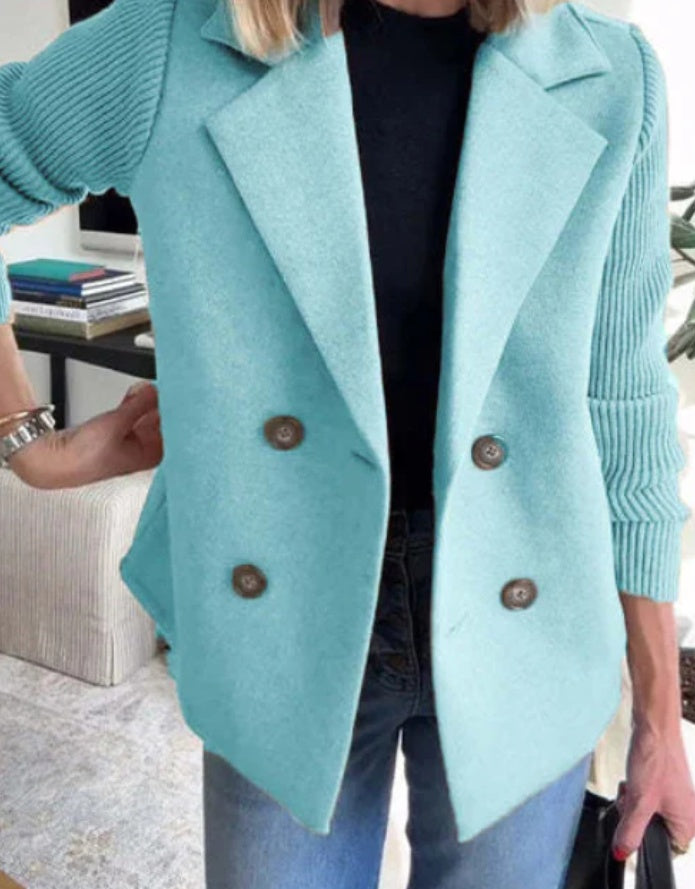 Double Breasted Lapel Jacket Fashion Knitted Sleeves Splicing Design Coat Outerwear Women's Clothing Kamran Fashion
