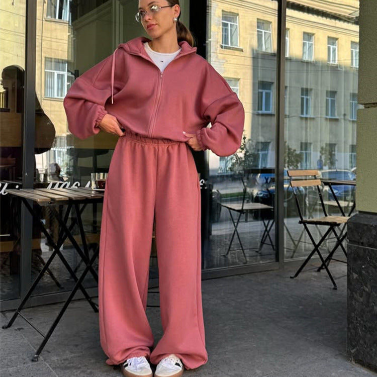 Women's Casual Solid Color Long-sleeved Zipper Sweater Wide-leg Pants Sports Suit Kamran Fashion