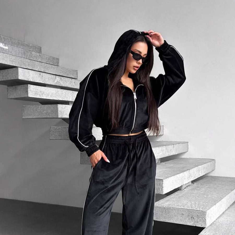 Women's Casual Velvet Hooded Cardigan Coat Wide-leg Pants Sports Suit Kamran Fashion