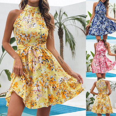 New Flowers Print Halterneck Dress Summer Fashion Temperament Lace-up Ruffled Dresses For Women Kamran Fashion