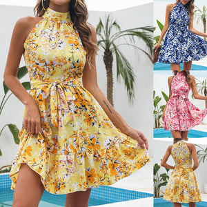 New Flowers Print Halterneck Dress Summer Fashion Temperament Lace-up Ruffled Dresses For Women Kamran Fashion