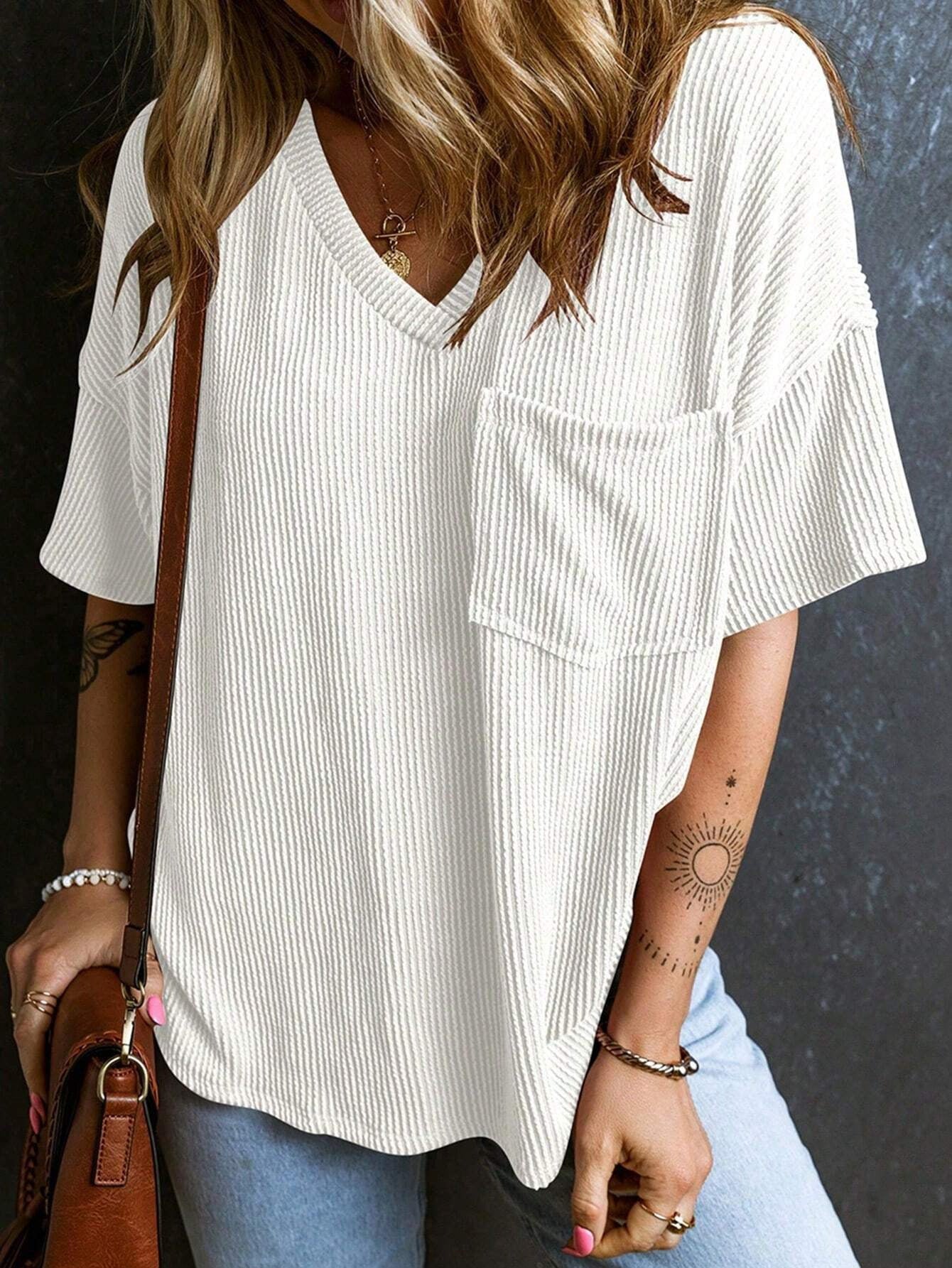 Fashionable Two-tone Pullover Short Sleeve V-neck Top For Women Kamran Fashion