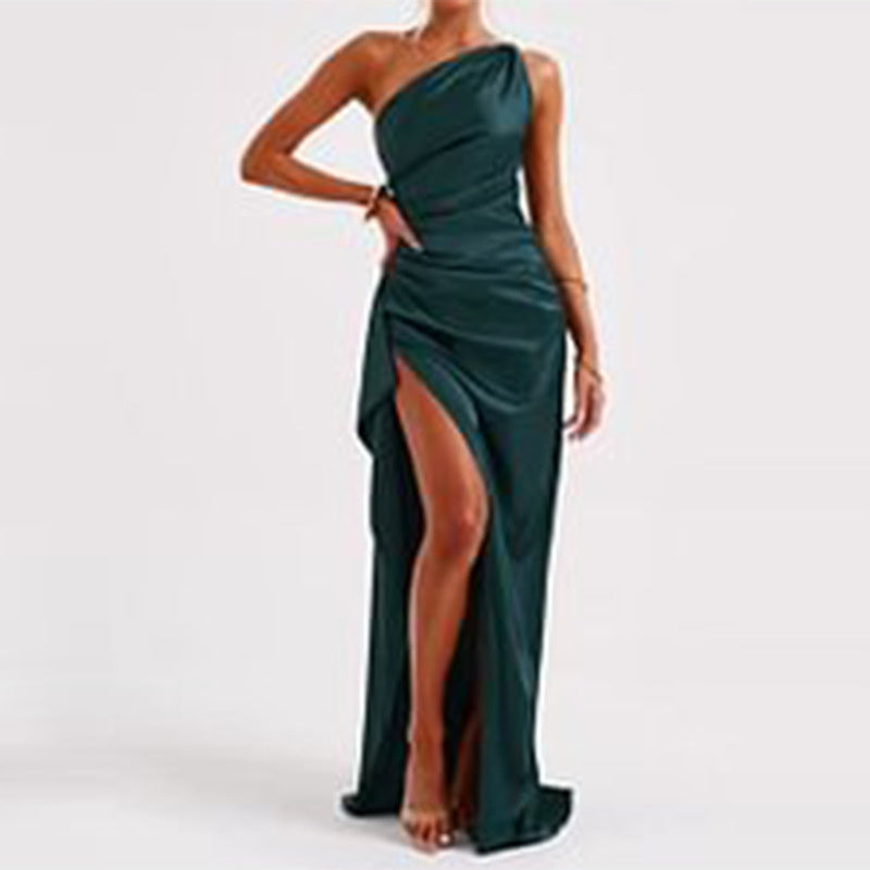 Sexy One-shoulder Backless Slit Dress Summer Elegant Slim-fit Solid Color Satin Dresses For Women Kamran Fashion