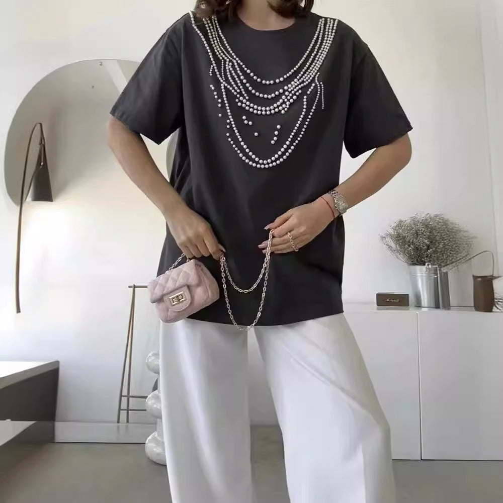 Heavy Industry Beads Pearl All-match Slimming And Fashionable Top Kamran Fashion