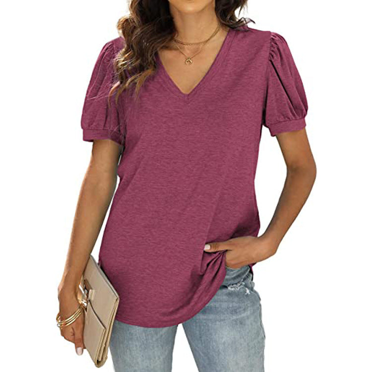 European And American Summer Casual V-neck Solid Color Puff Sleeve Loose T-shirt For Women Kamran Fashion
