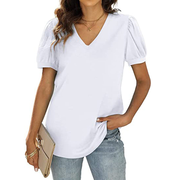European And American Summer Casual V-neck Solid Color Puff Sleeve Loose T-shirt For Women Kamran Fashion