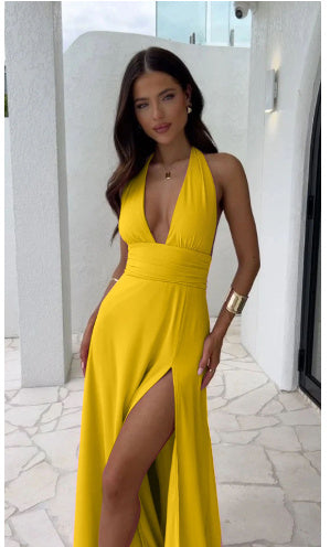 Sexy Halterneck V-neck Slit Dress Summer Backless Strappy Skirt Fashion Temperament Clothing Women Kamran Fashion